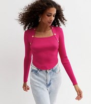 Cameo Rose Bright Pink Ribbed Knit Button Top